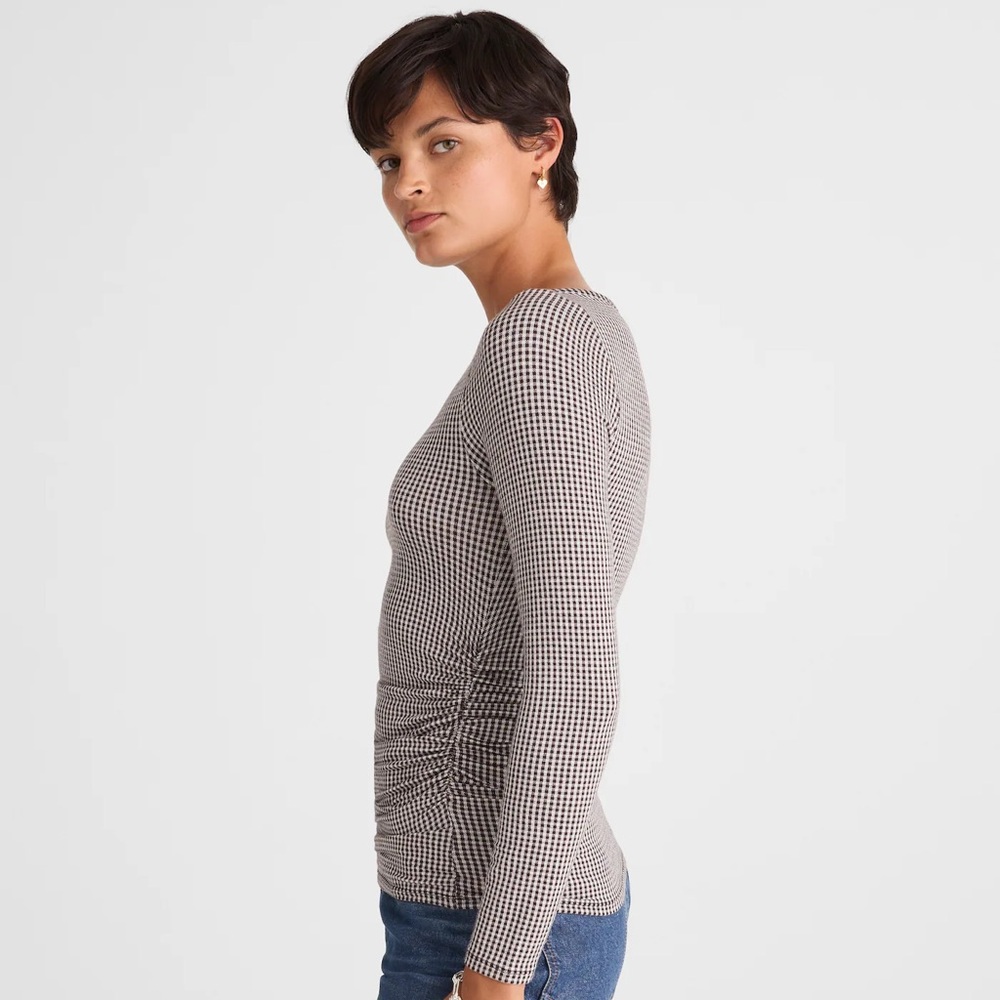 NWT Madewell Women's Ruched Crewneck Long-Sleeve Black and White Houndstooth Top - Picture 10 of 13
